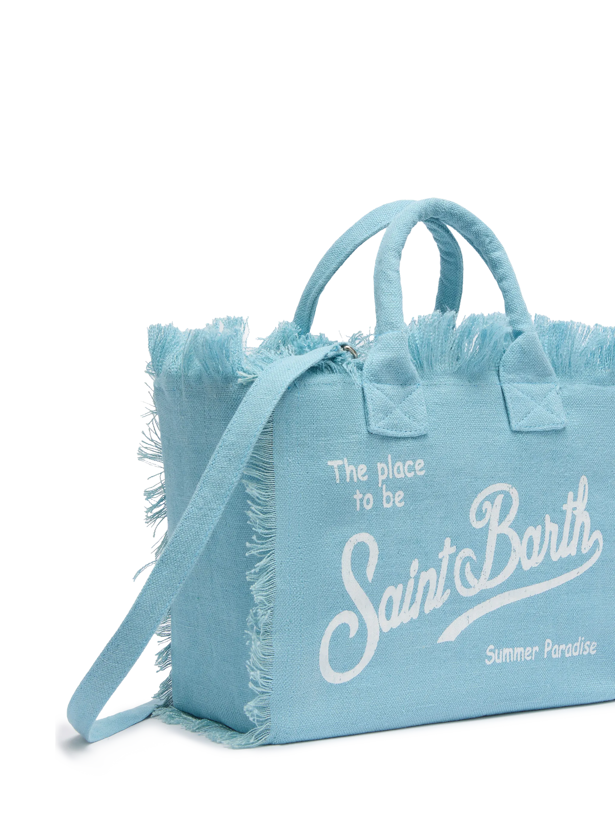 Borsa da spiaggia Colette Linen azzurra con frange