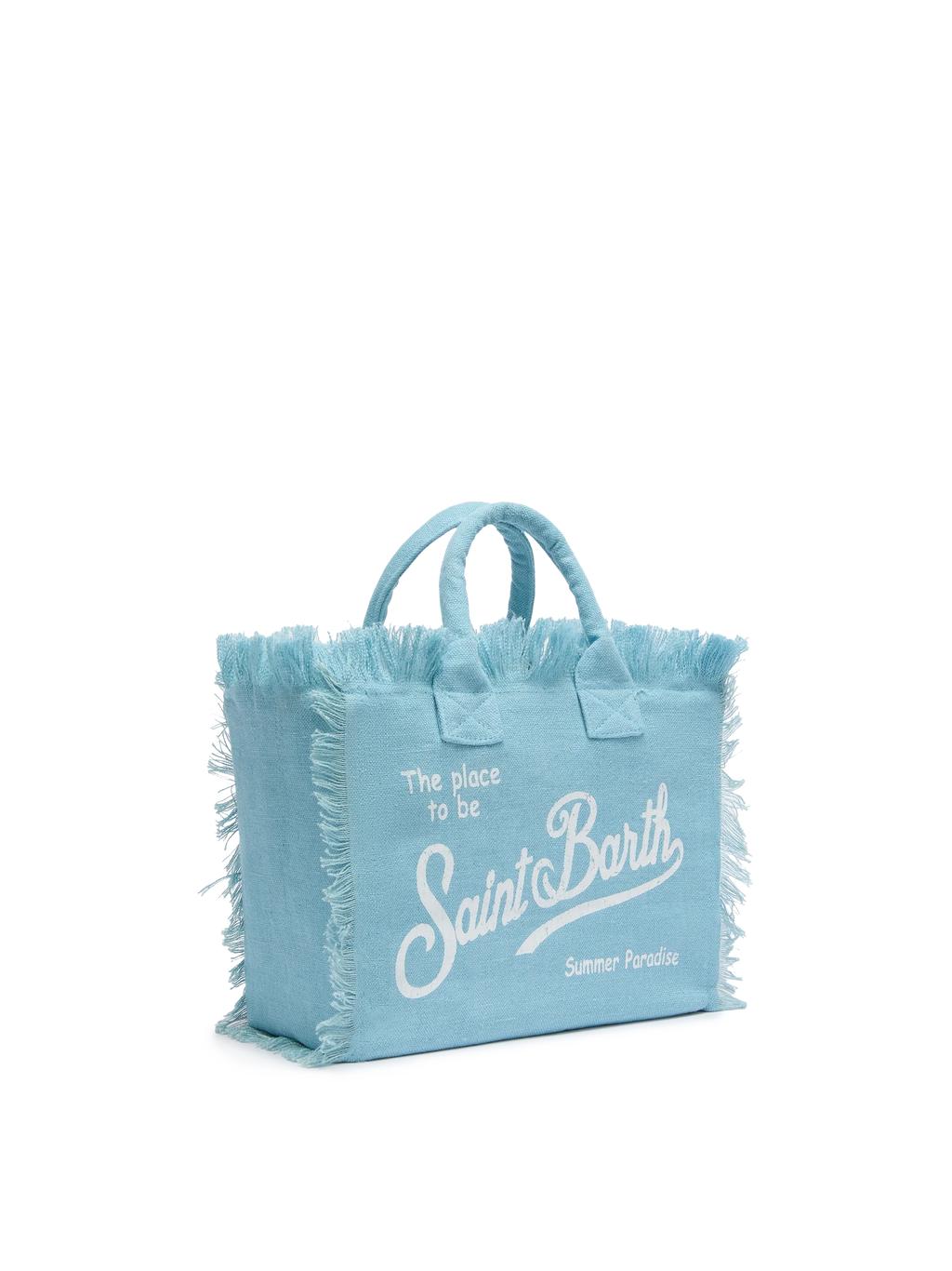 Borsa da spiaggia Colette Linen azzurra con frange