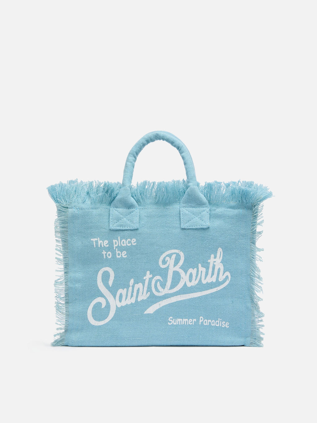 Borsa da spiaggia Colette Linen azzurra con frange