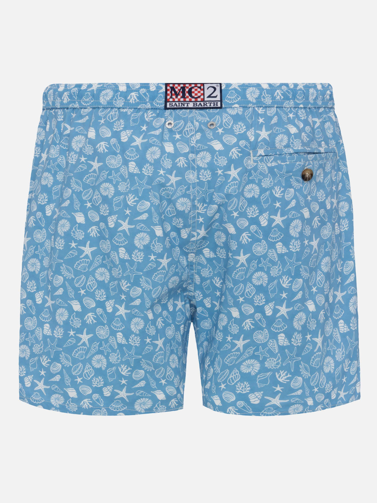 Costume mare Comfort Light azzurro polvere con stampa conchiglie tropicali