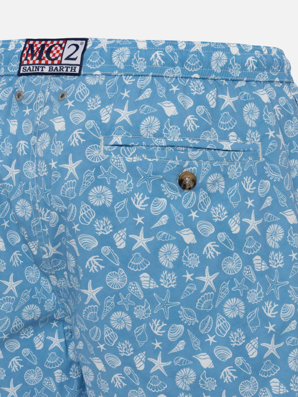 Costume mare Comfort Light azzurro polvere con stampa conchiglie tropicali