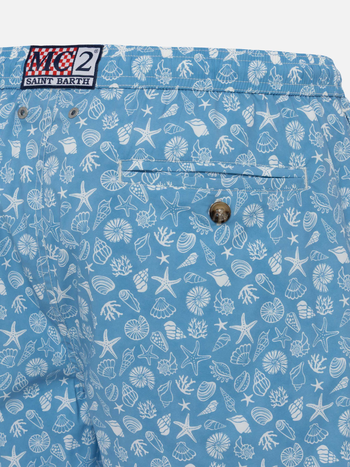 Costume mare Comfort Light azzurro polvere con stampa conchiglie tropicali