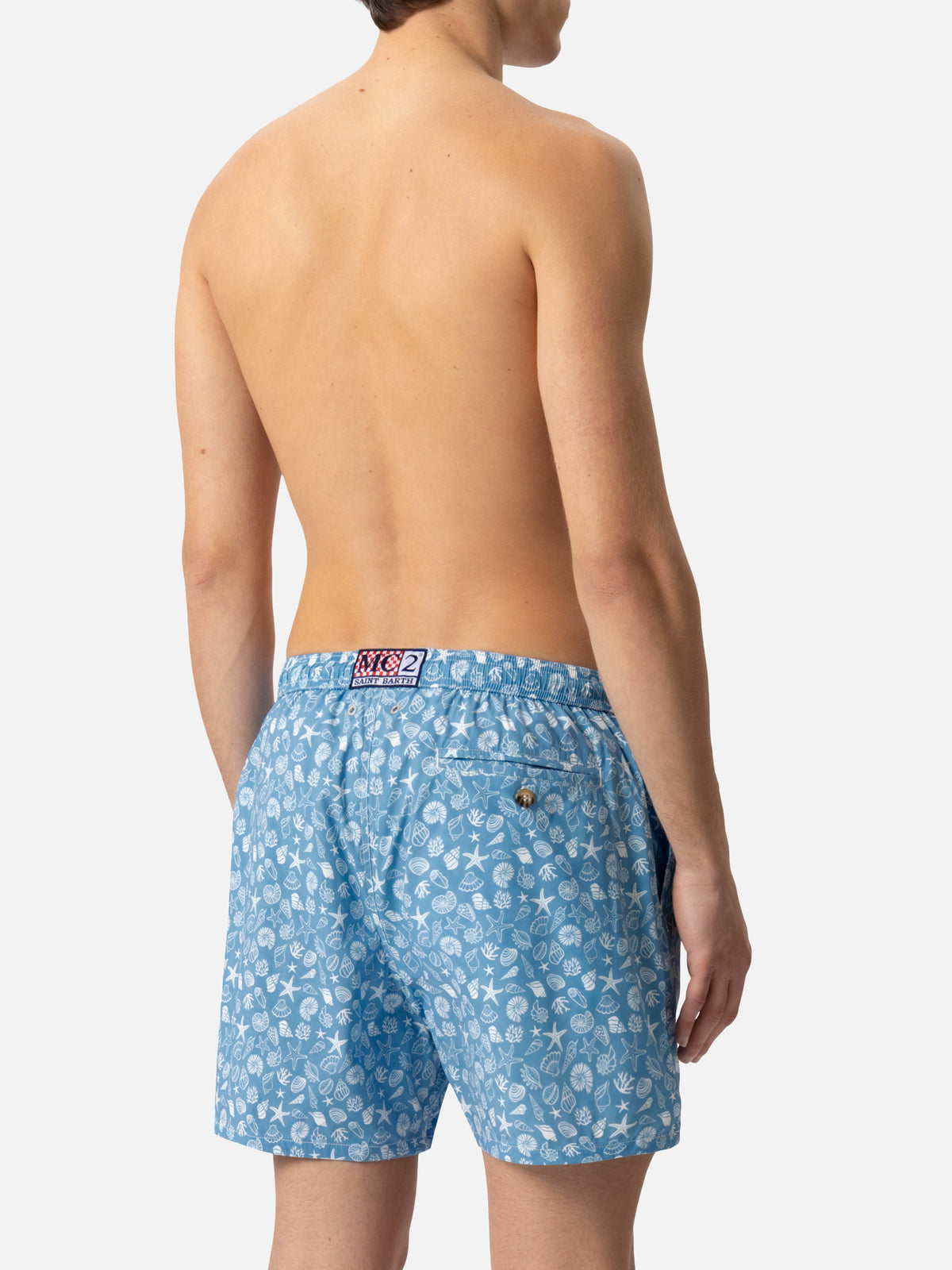 Costume mare Comfort Light azzurro polvere con stampa conchiglie tropicali