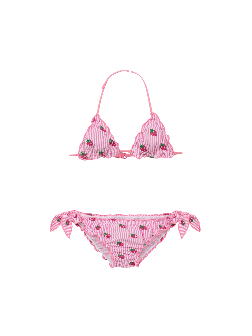 Bikini Cris rosa a righe in seersucker con ricamo fragole