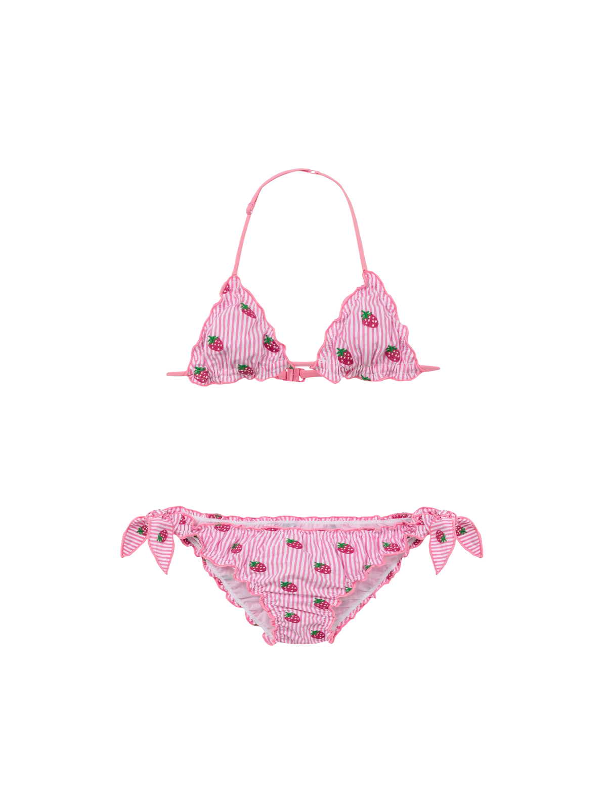 Bikini Cris rosa a righe in seersucker con ricamo fragole