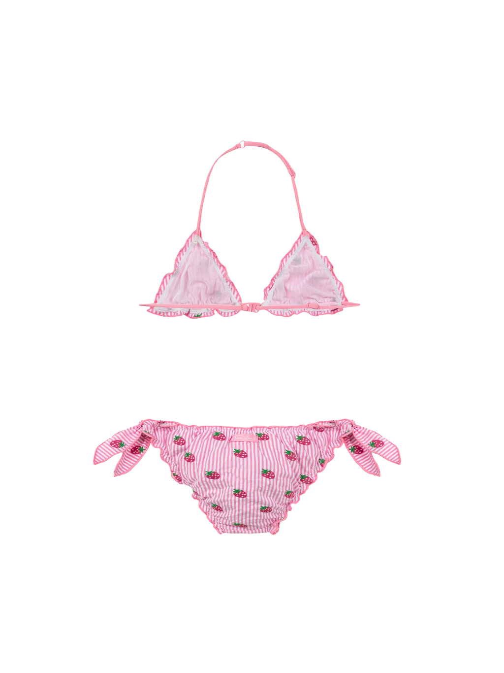 Bikini Cris rosa a righe in seersucker con ricamo fragole