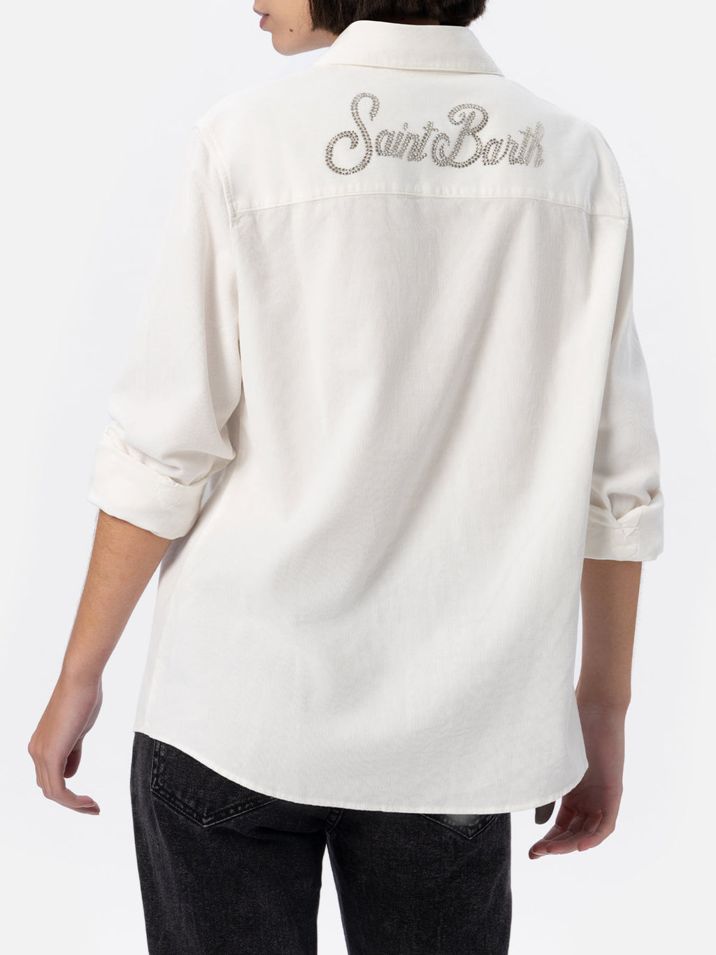 Camicia Deer bianco panna in velluto a coste con logo in product image 3