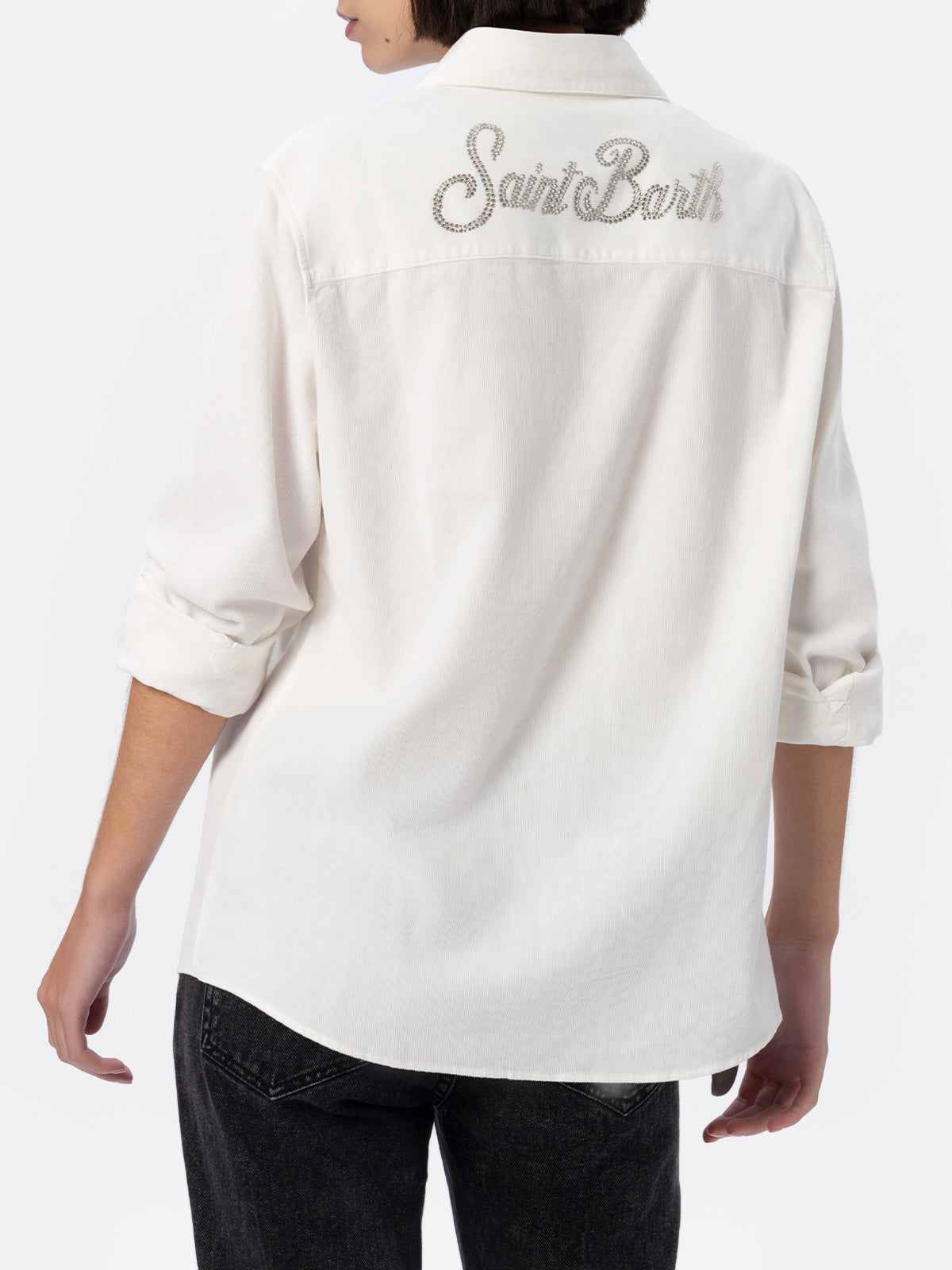 Camicia Deer bianco panna in velluto a coste con logo in product image 3