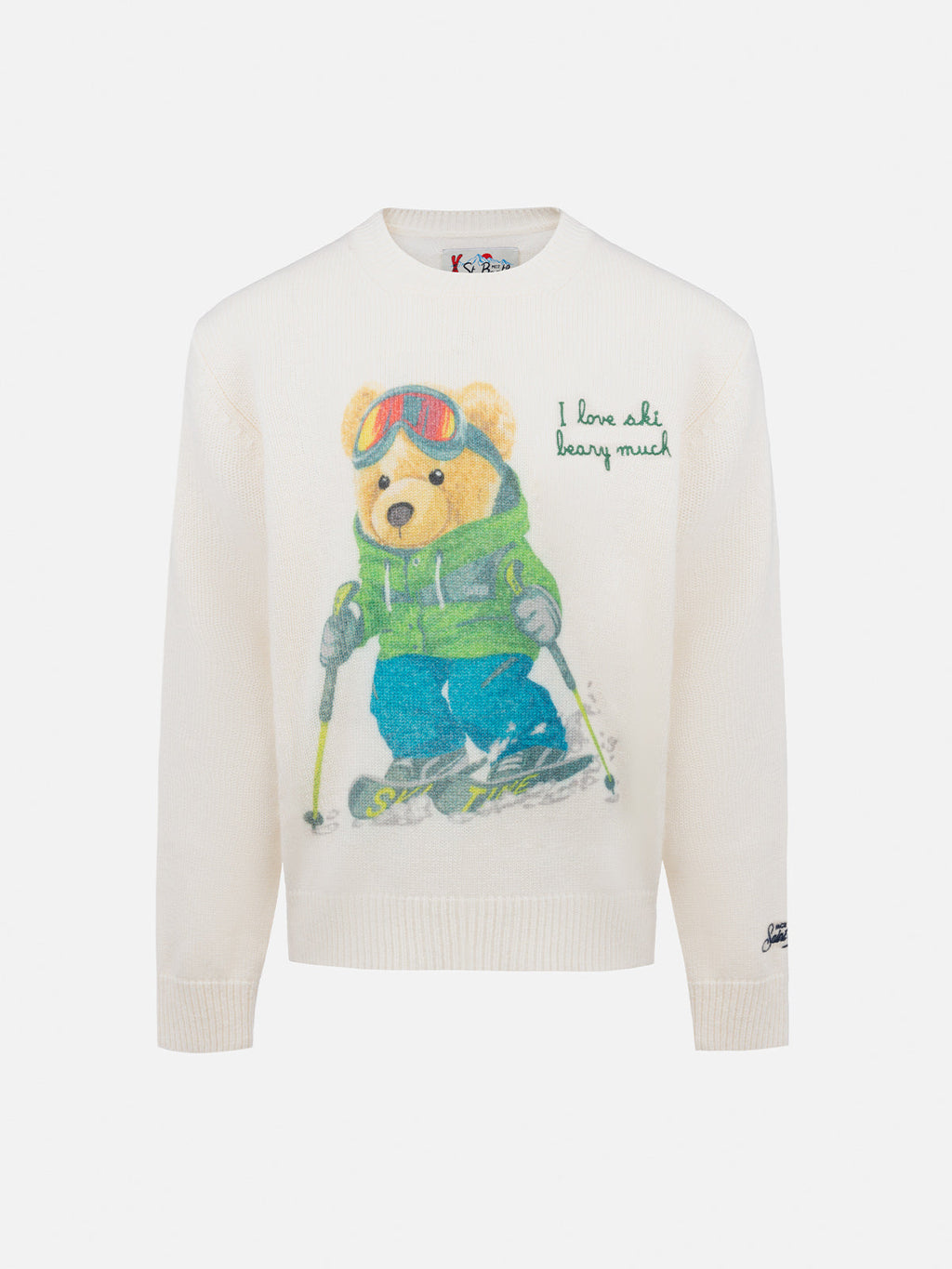 Maglione Douglas bianco con jacquard orso sciatore