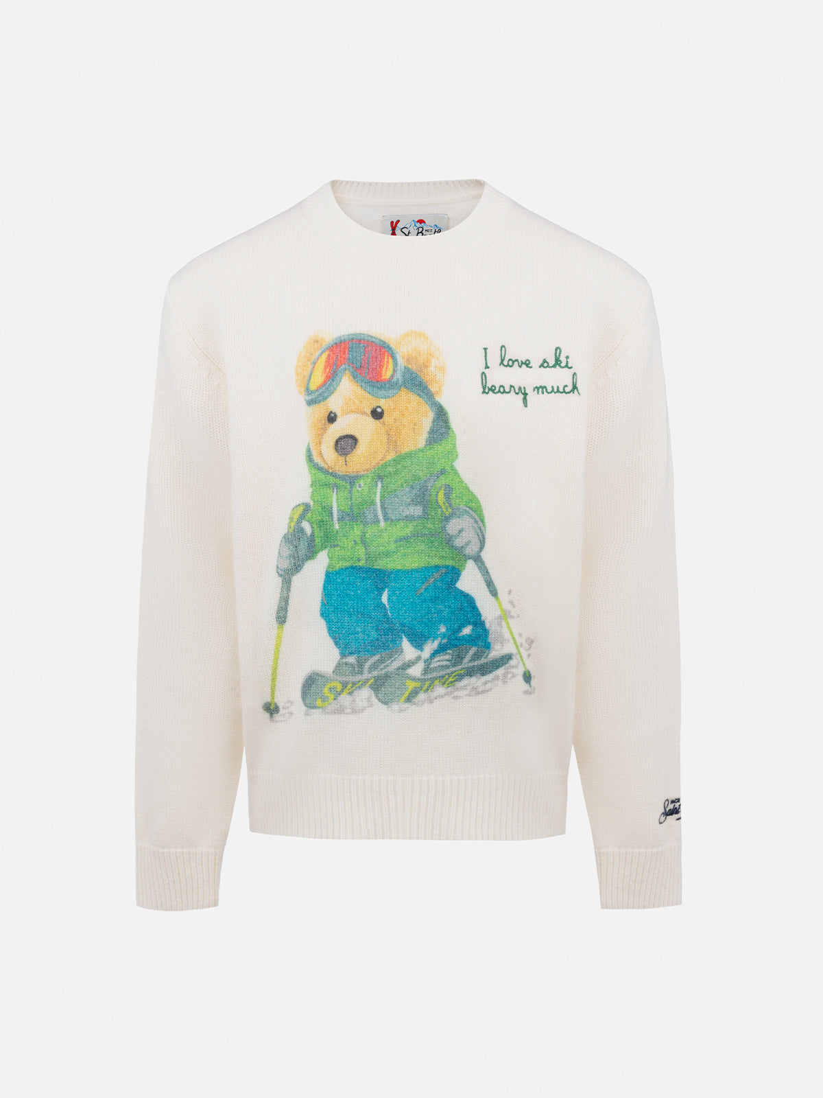Maglione Douglas bianco con jacquard orso sciatore