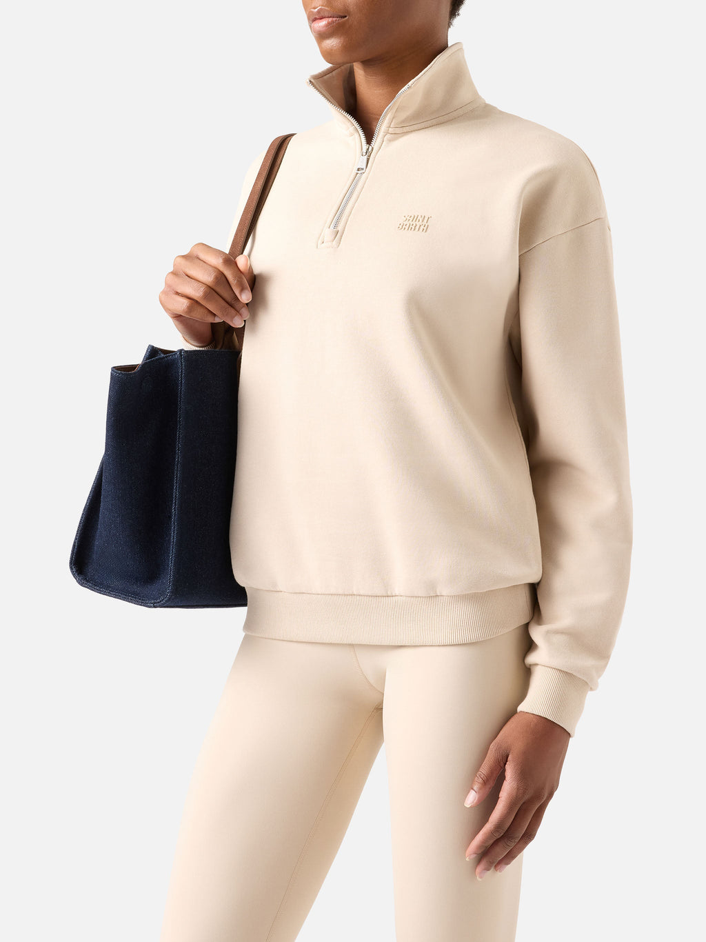 Felpa Eliade beige con mezza zip e ricamo logo