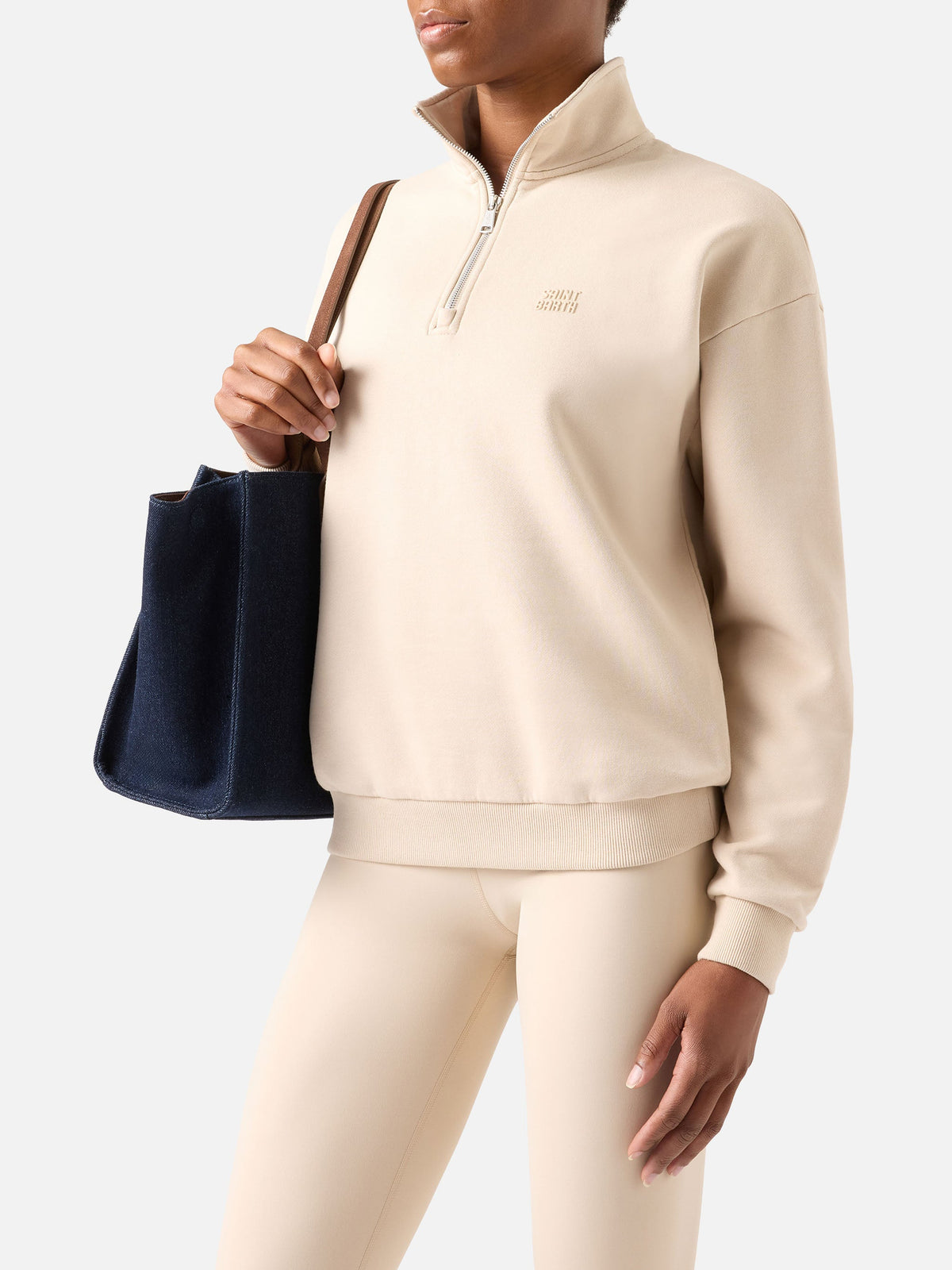 Felpa Eliade beige con mezza zip e ricamo logo