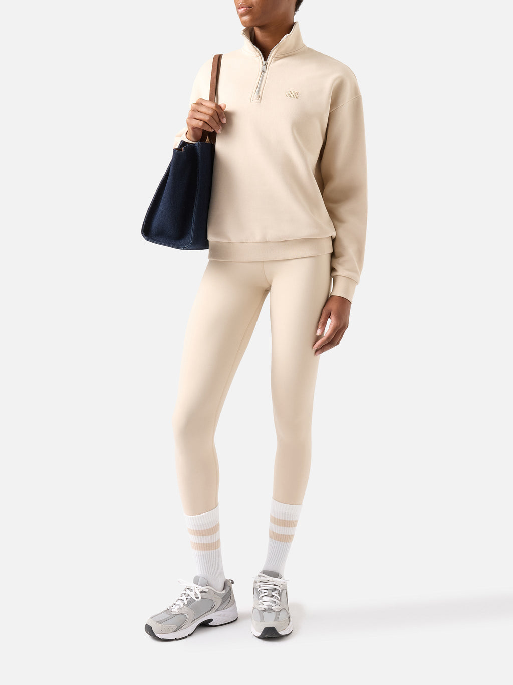 Felpa Eliade beige con mezza zip e ricamo logo