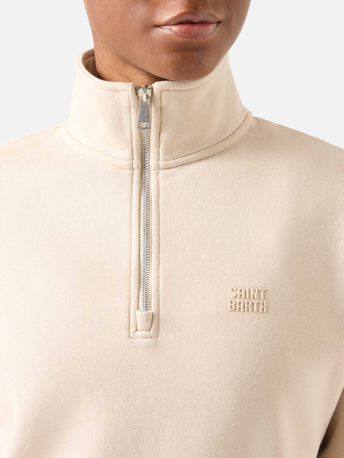 Felpa Eliade beige con mezza zip e ricamo logo