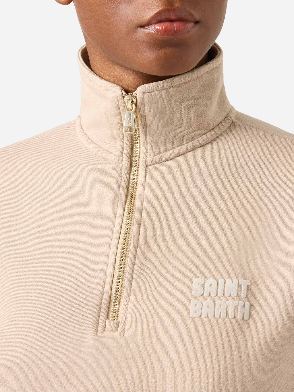 Felpa Eliade beige in cotone con mezza zip e logo flock