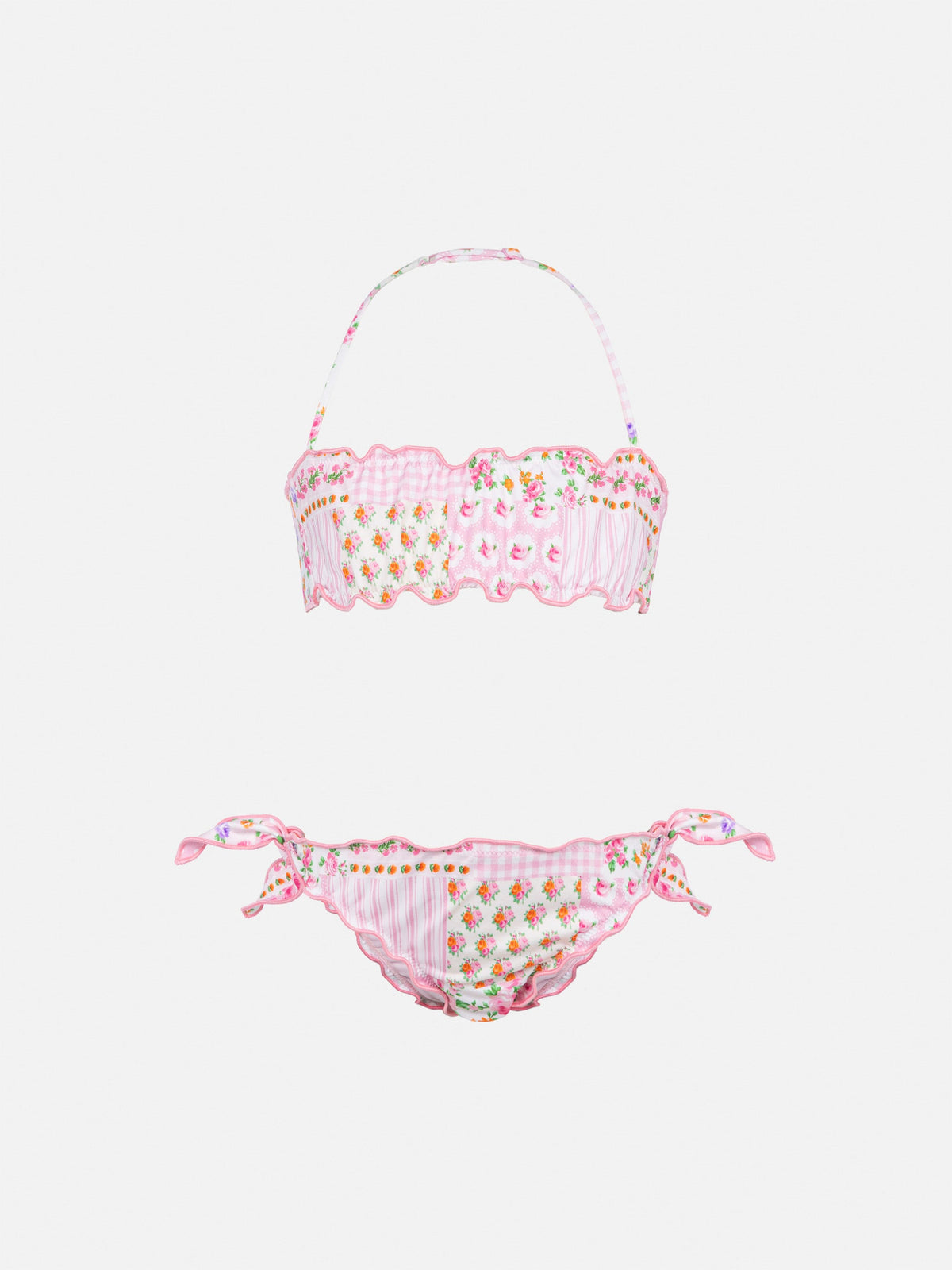Bikini a fascia Emy rosa con stampa a patch di fiori