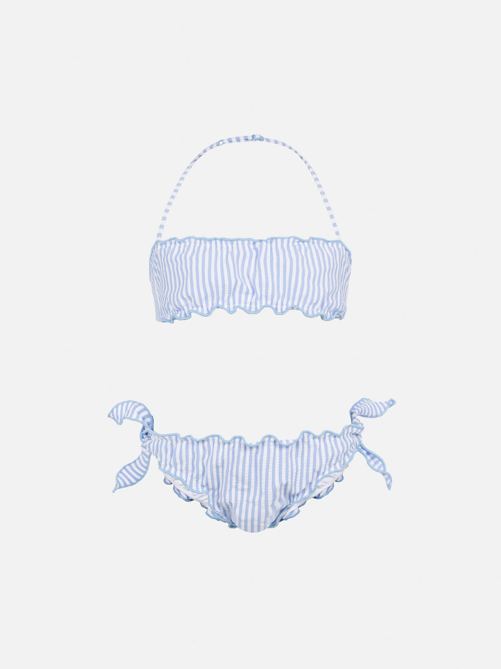 Bikini a fascia Emy azzurro a righe in seersucker