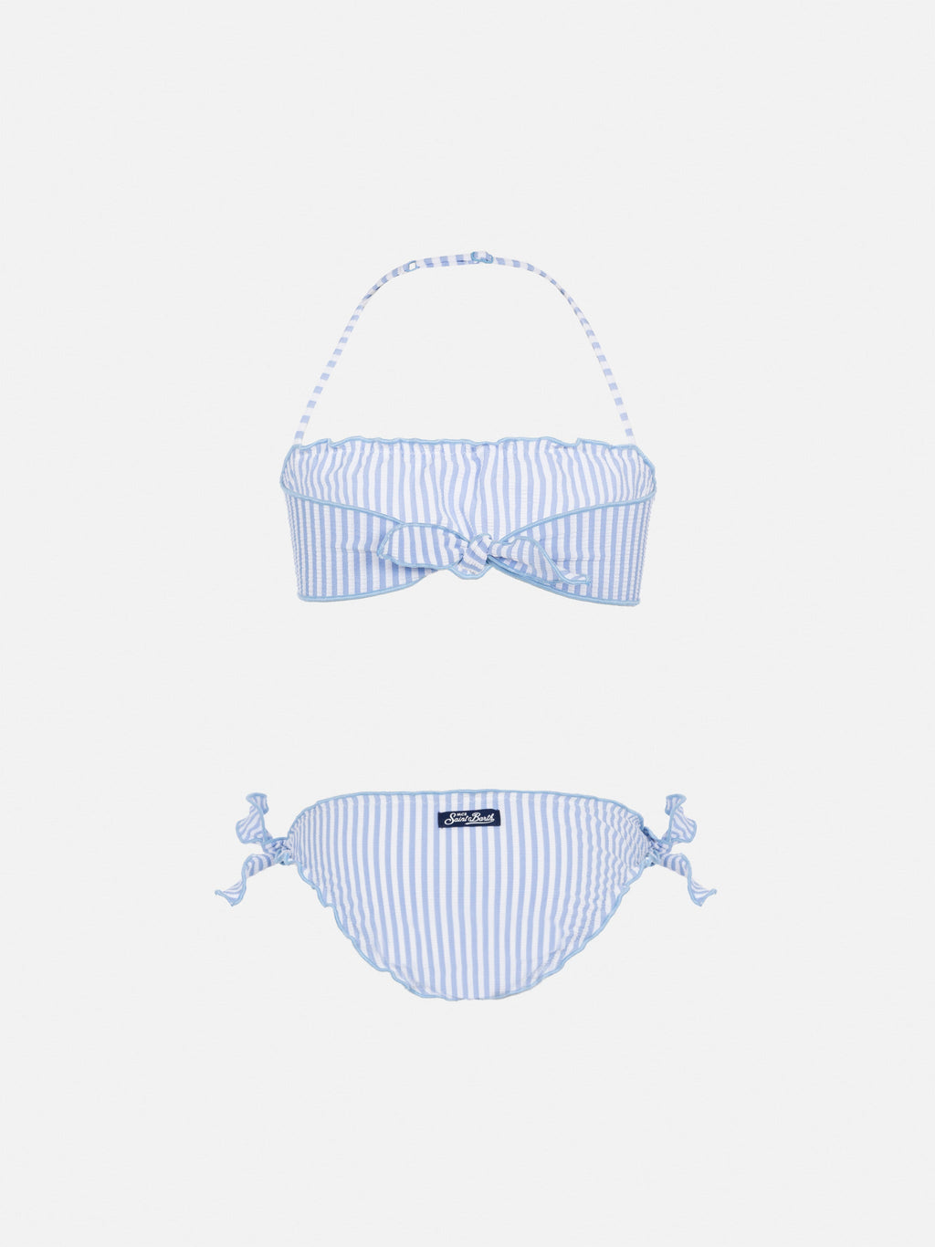 Bikini a fascia Emy azzurro a righe in seersucker