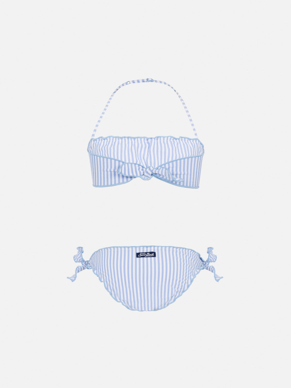 Bikini a fascia Emy azzurro a righe in seersucker