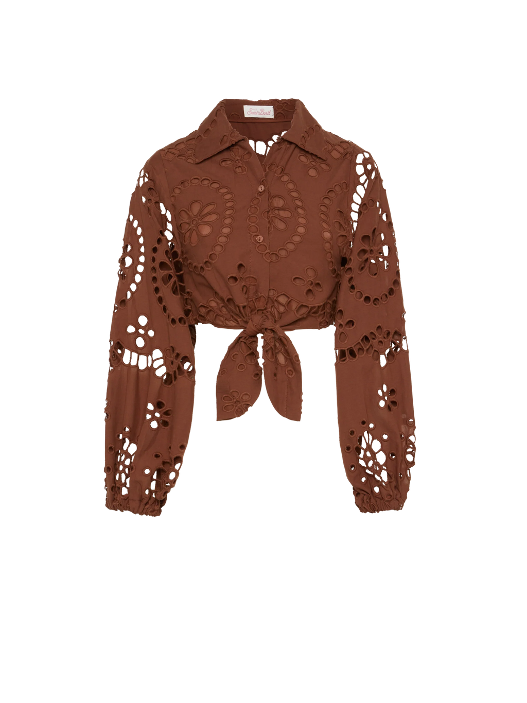 Camicia corta Febe cammello con ricamo sangallo product image 1