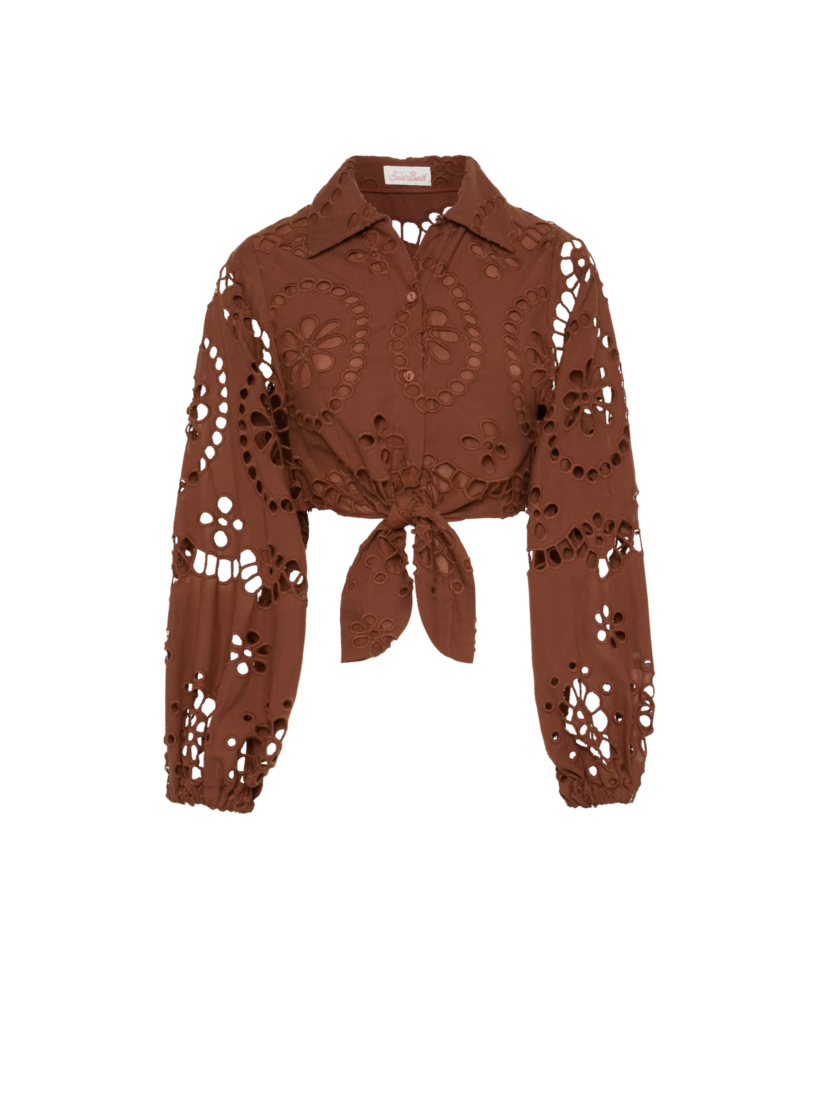 Camicia corta Febe cammello con ricamo sangallo product image 1