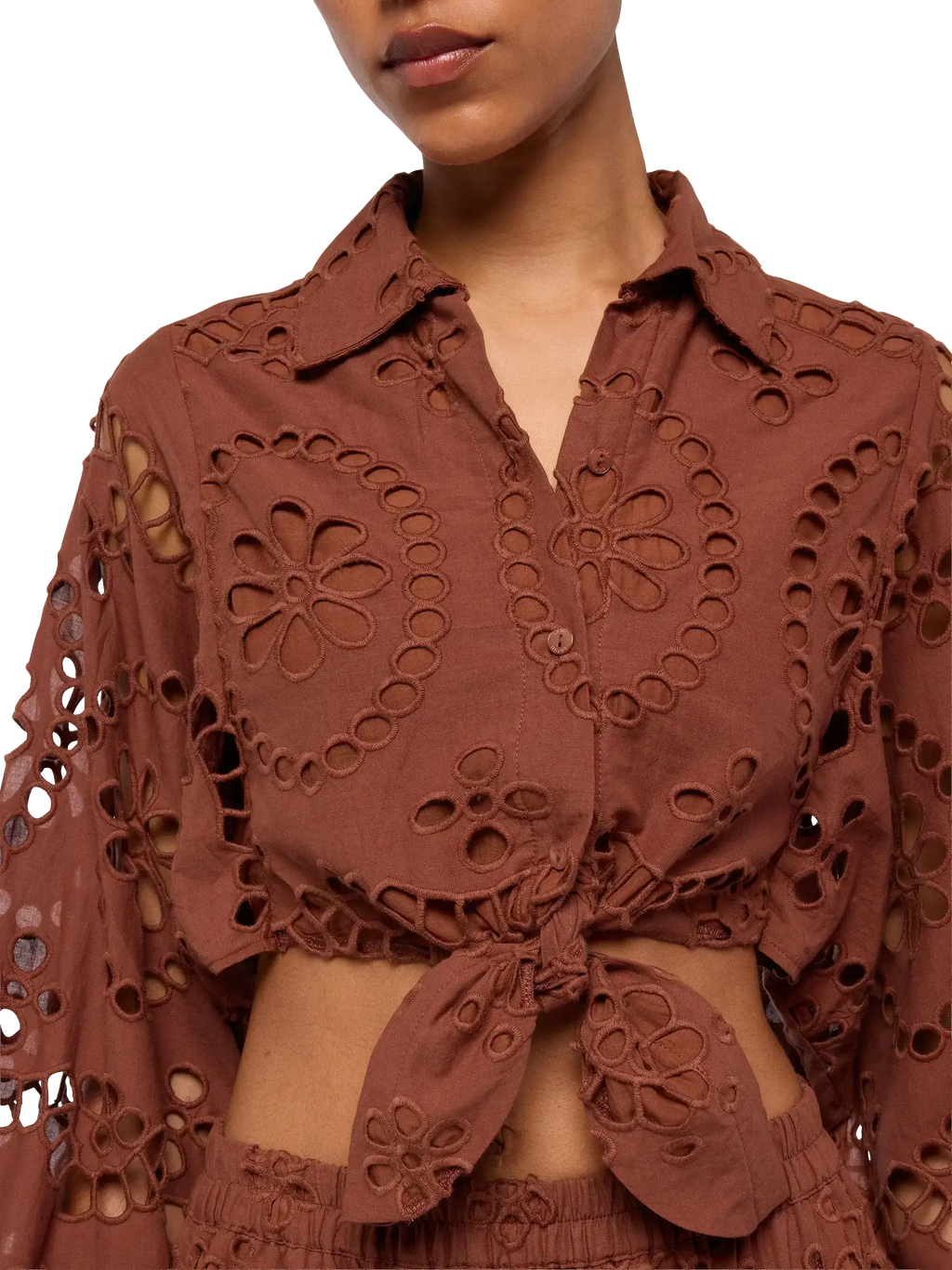 Camicia corta Febe cammello con ricamo sangallo product image 3