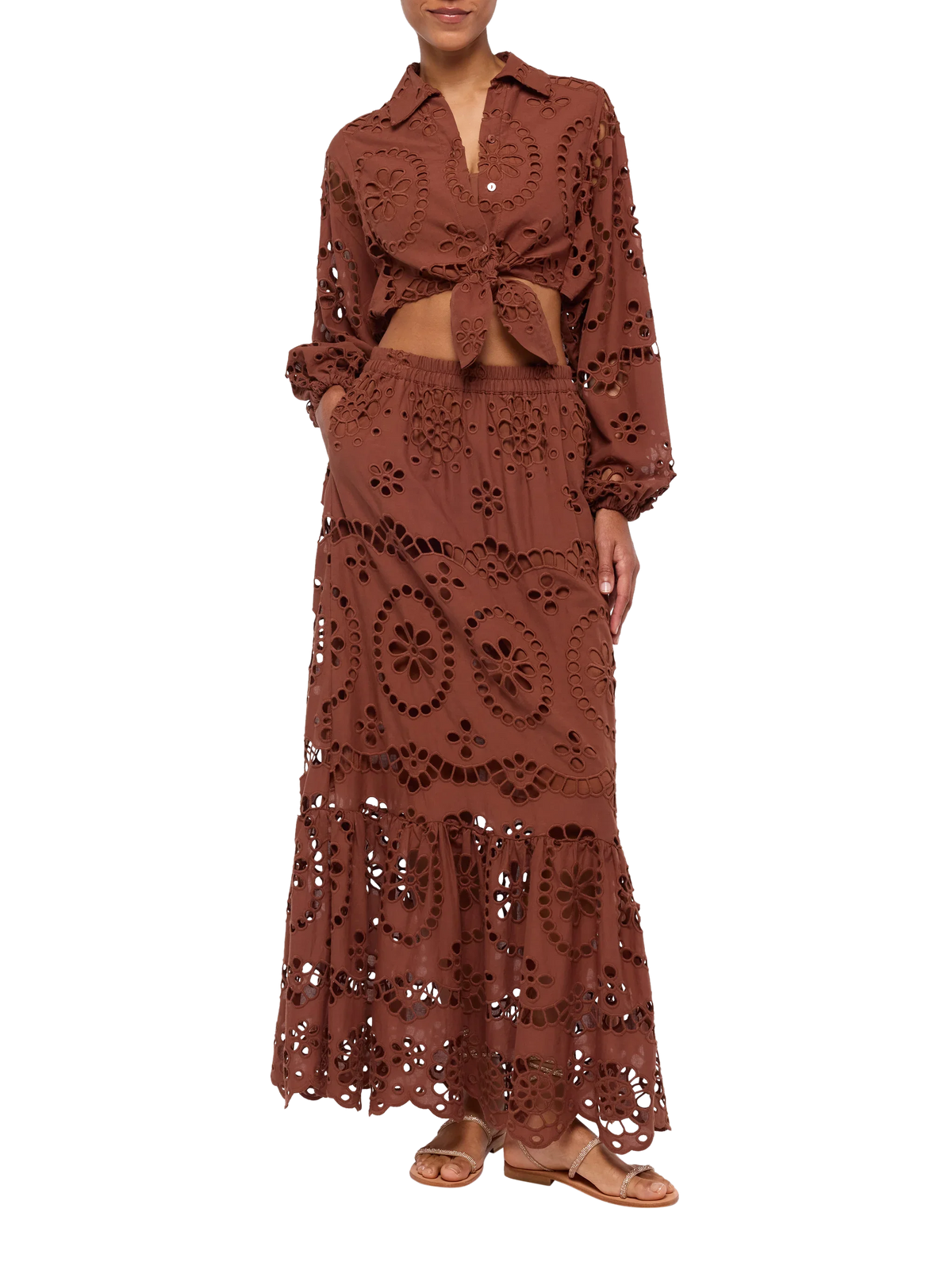 Camicia corta Febe cammello con ricamo sangallo product image 5