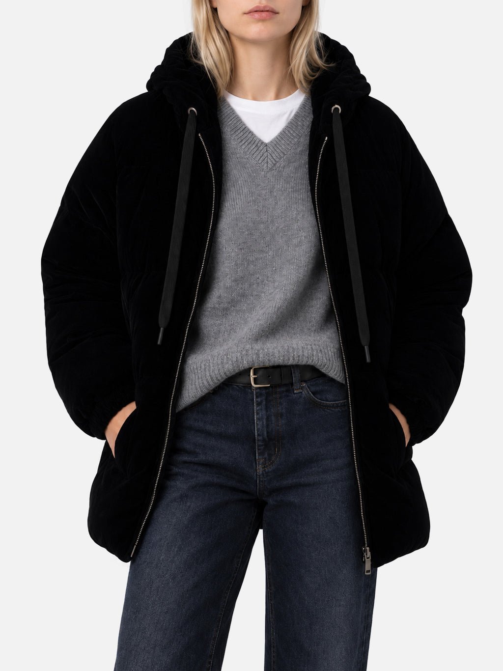 Piumino Geneve nero in velluto con cappuccio product image 1