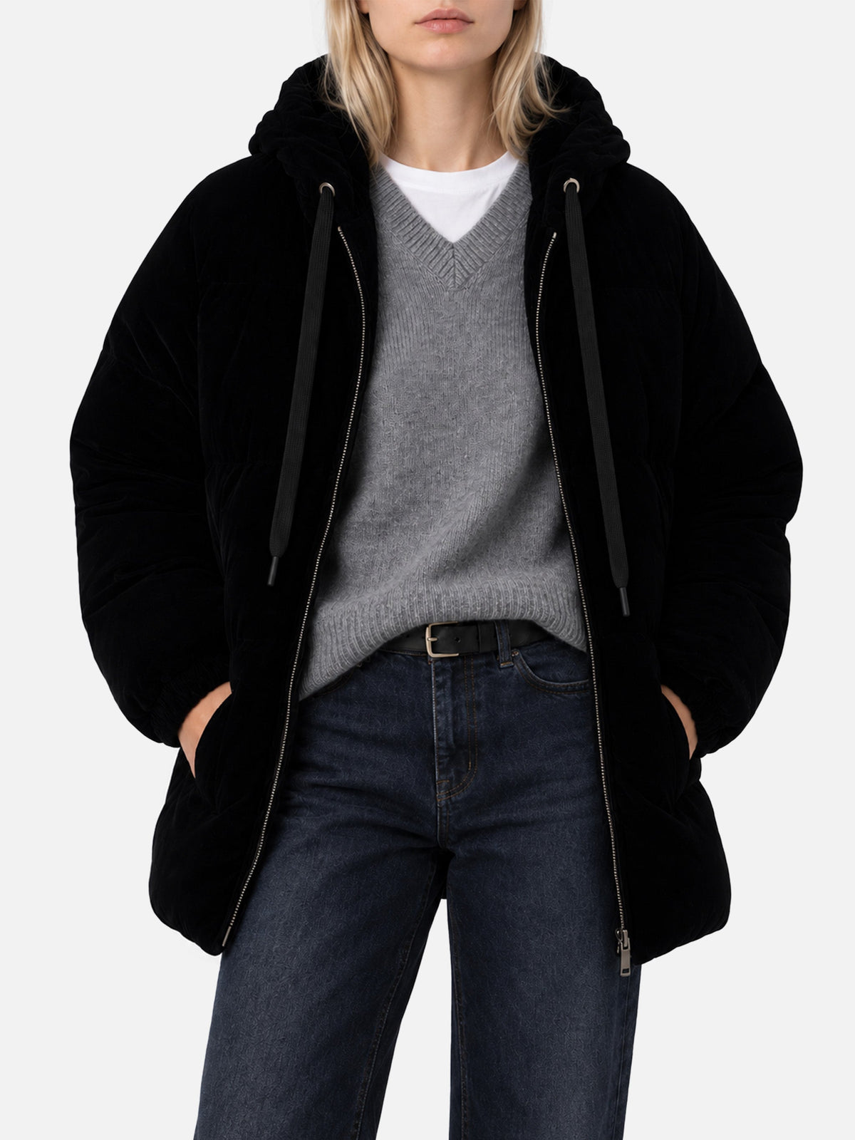 Piumino Geneve nero in velluto con cappuccio product image 1