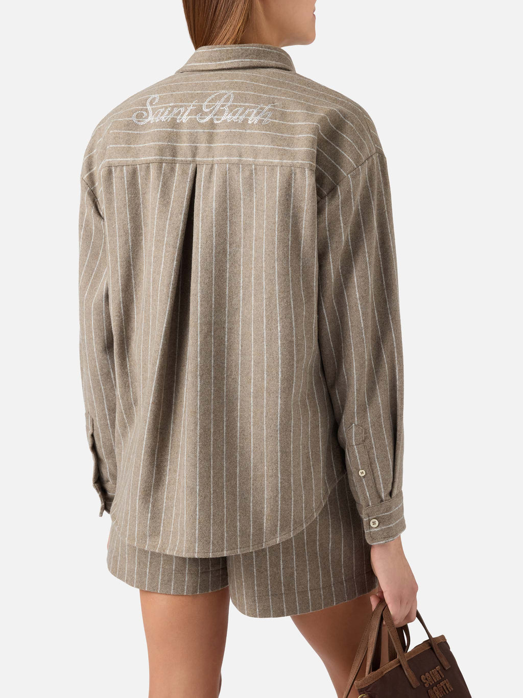 Camicia Gigy beige in flanella di misto lana gessata con product image 3