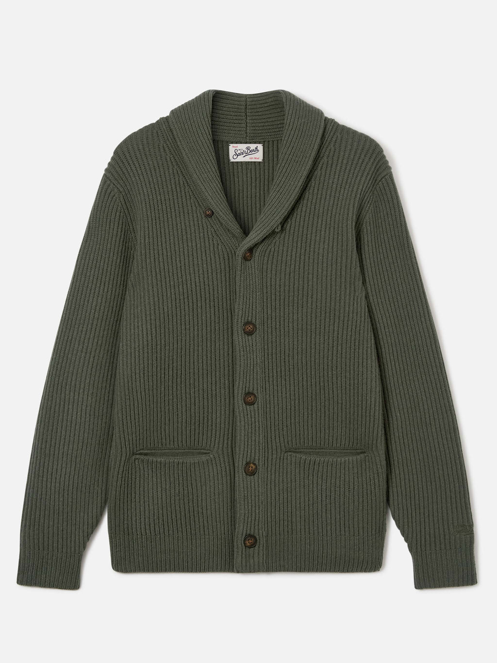Cardigan Glasgow verde in lana con collo a scialle
