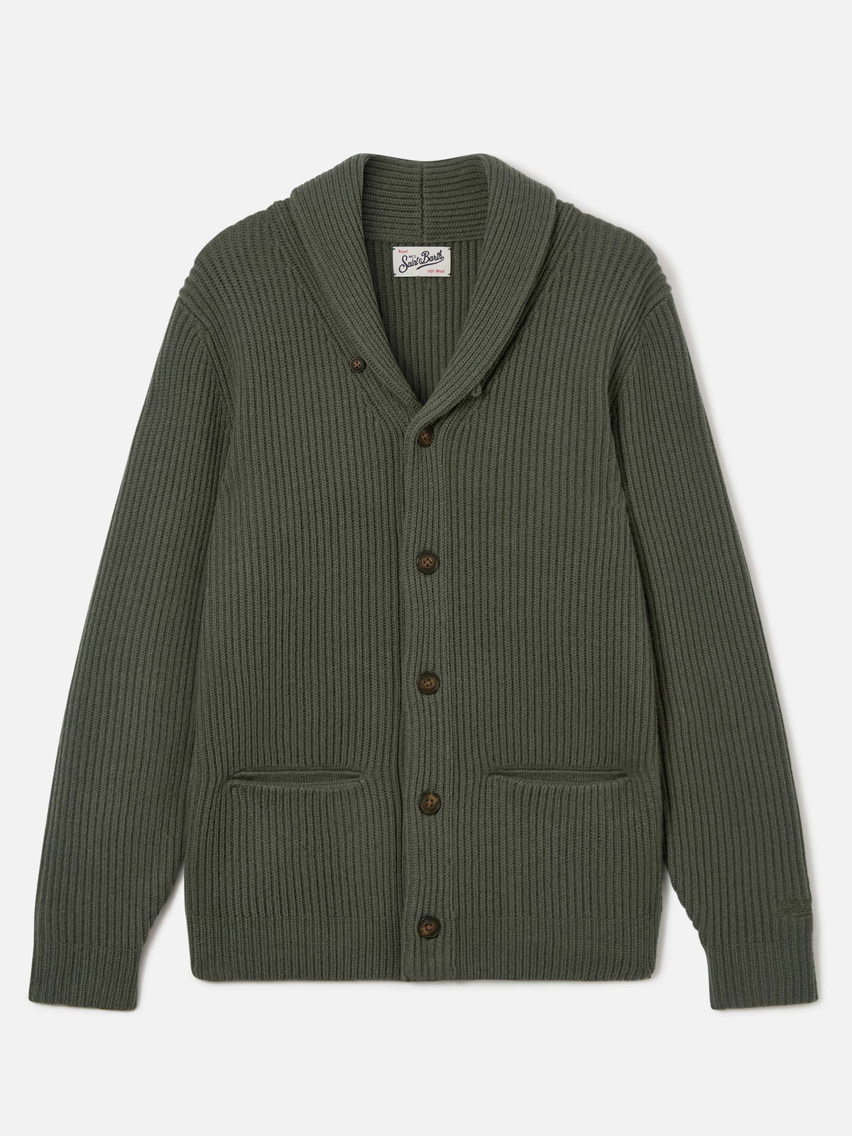 Cardigan Glasgow verde in lana con collo a scialle