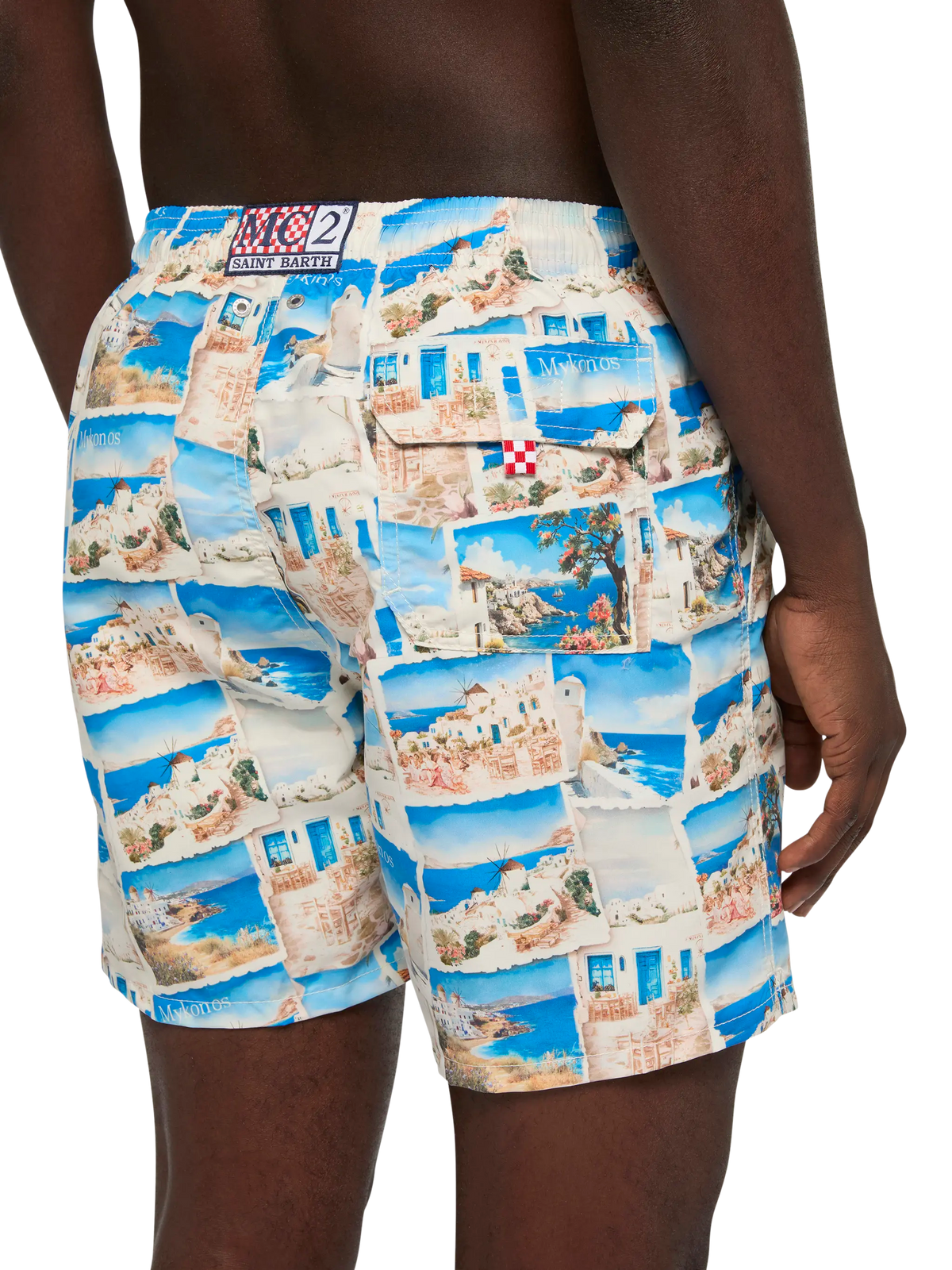 Costume mare Gustavia bianco panna con stampa cartolina Mykonos | Special Edition
