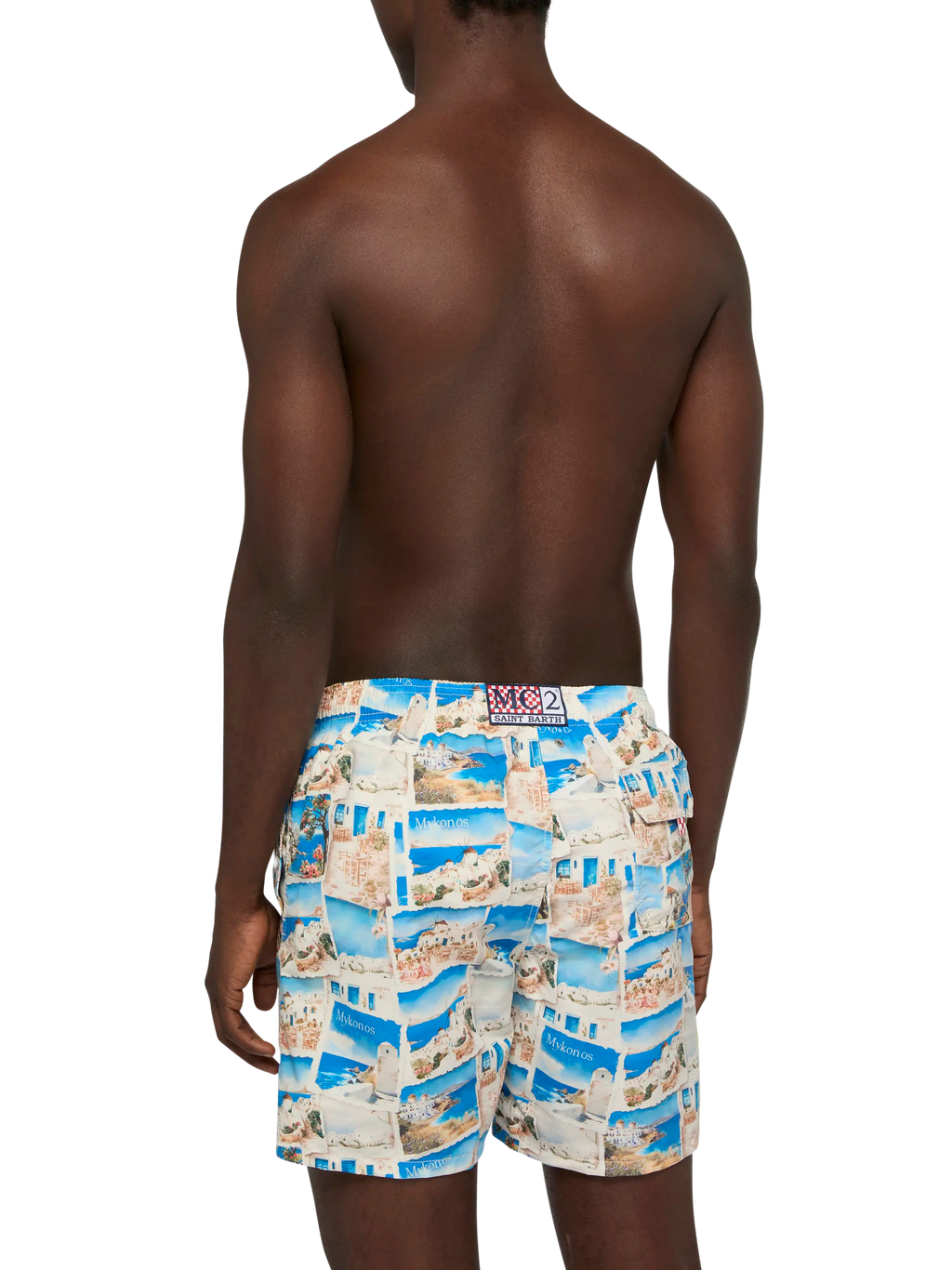 Costume mare Gustavia bianco panna con stampa cartolina Mykonos | Special Edition