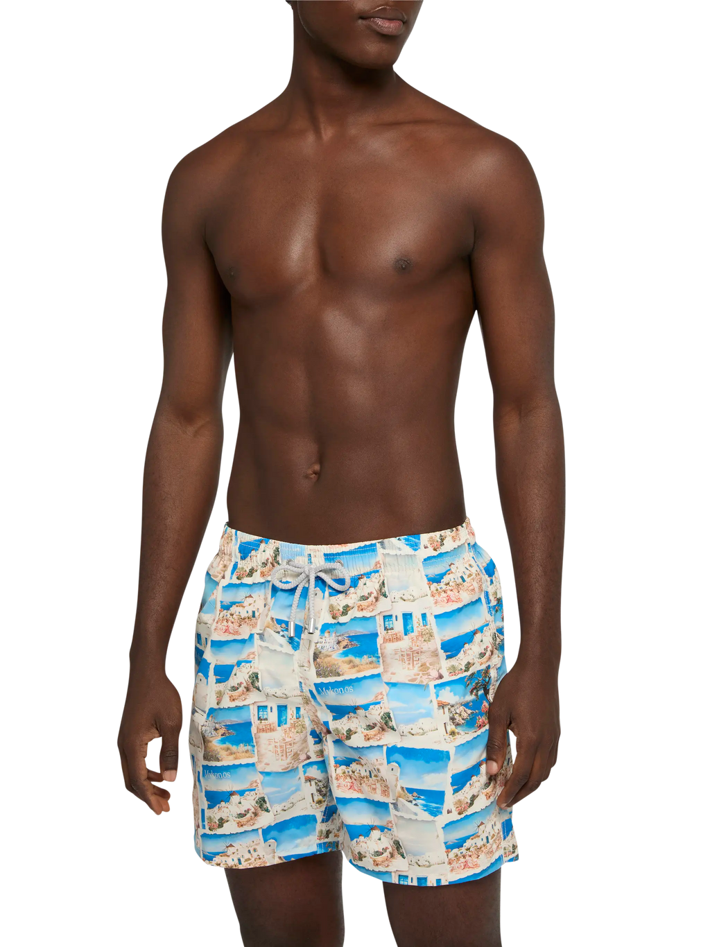 Costume mare Gustavia bianco panna con stampa cartolina Mykonos | Special Edition