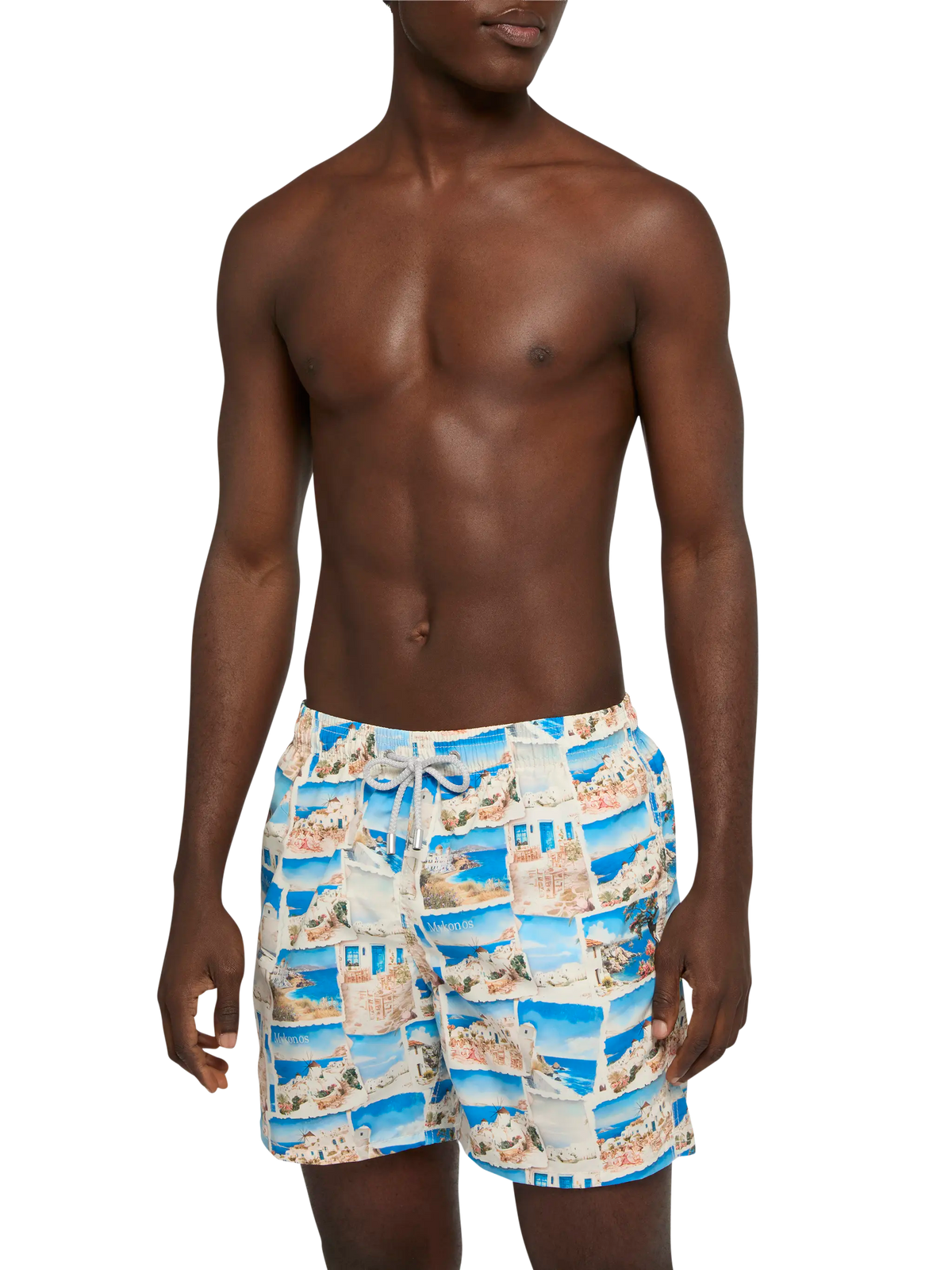 Costume mare Gustavia bianco panna con stampa cartolina Mykonos | Special Edition