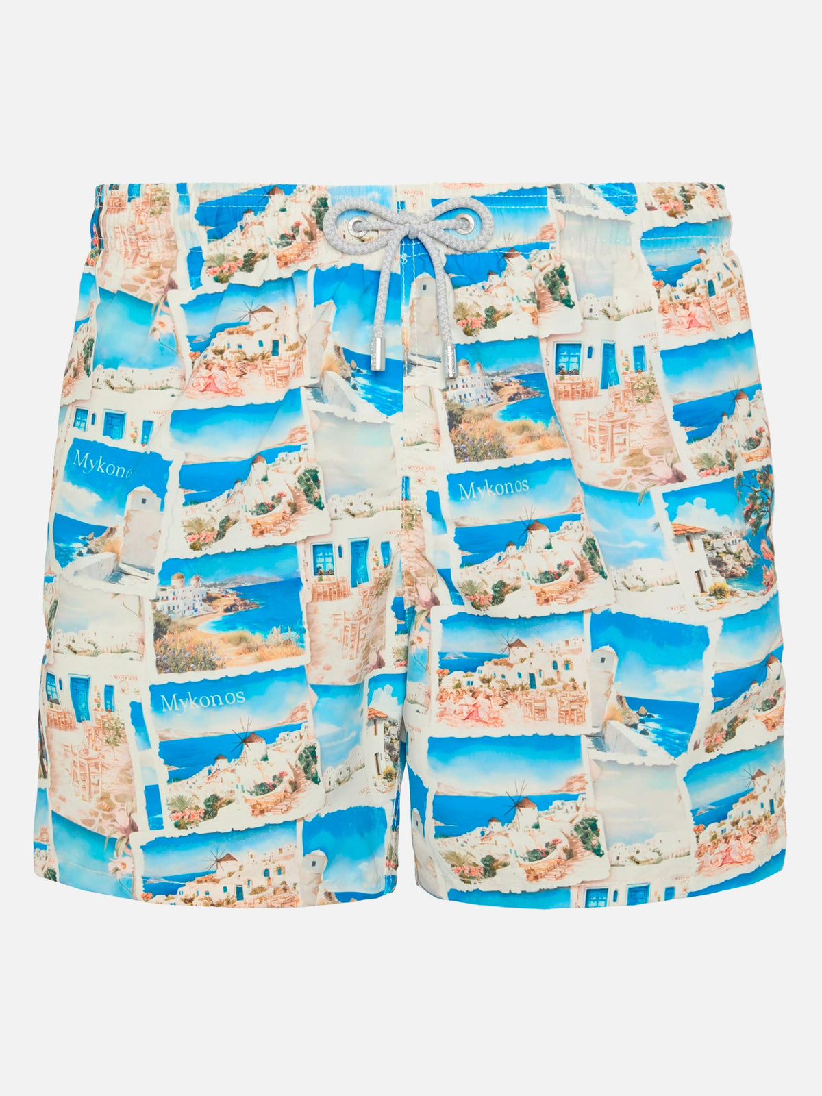 Costume mare Gustavia bianco panna con stampa cartolina Mykonos | Special Edition