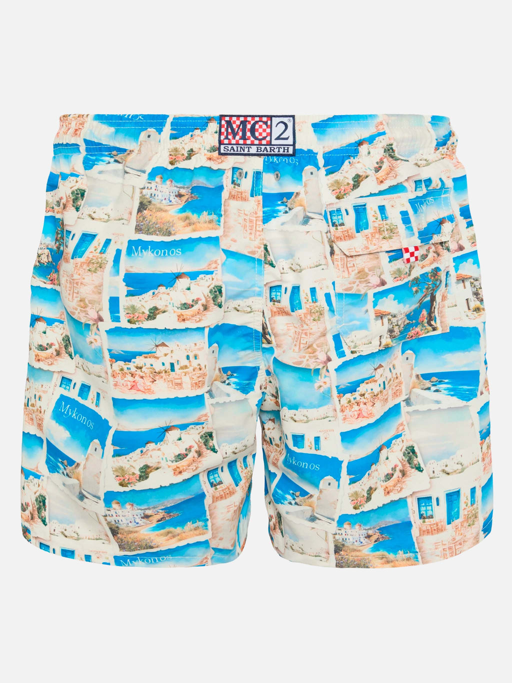 Costume mare Gustavia bianco panna con stampa cartolina Mykonos | Special Edition