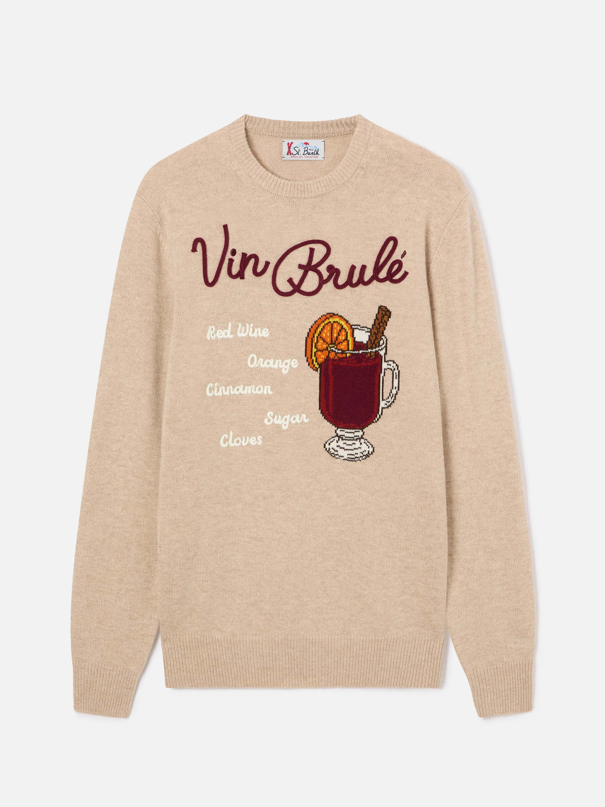 Maglia girocollo Heron beige con intarsio e ricamo Vin Brulé