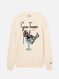 Maglia girocollo Heron off white con intarsio e ricamo Gin Tonic