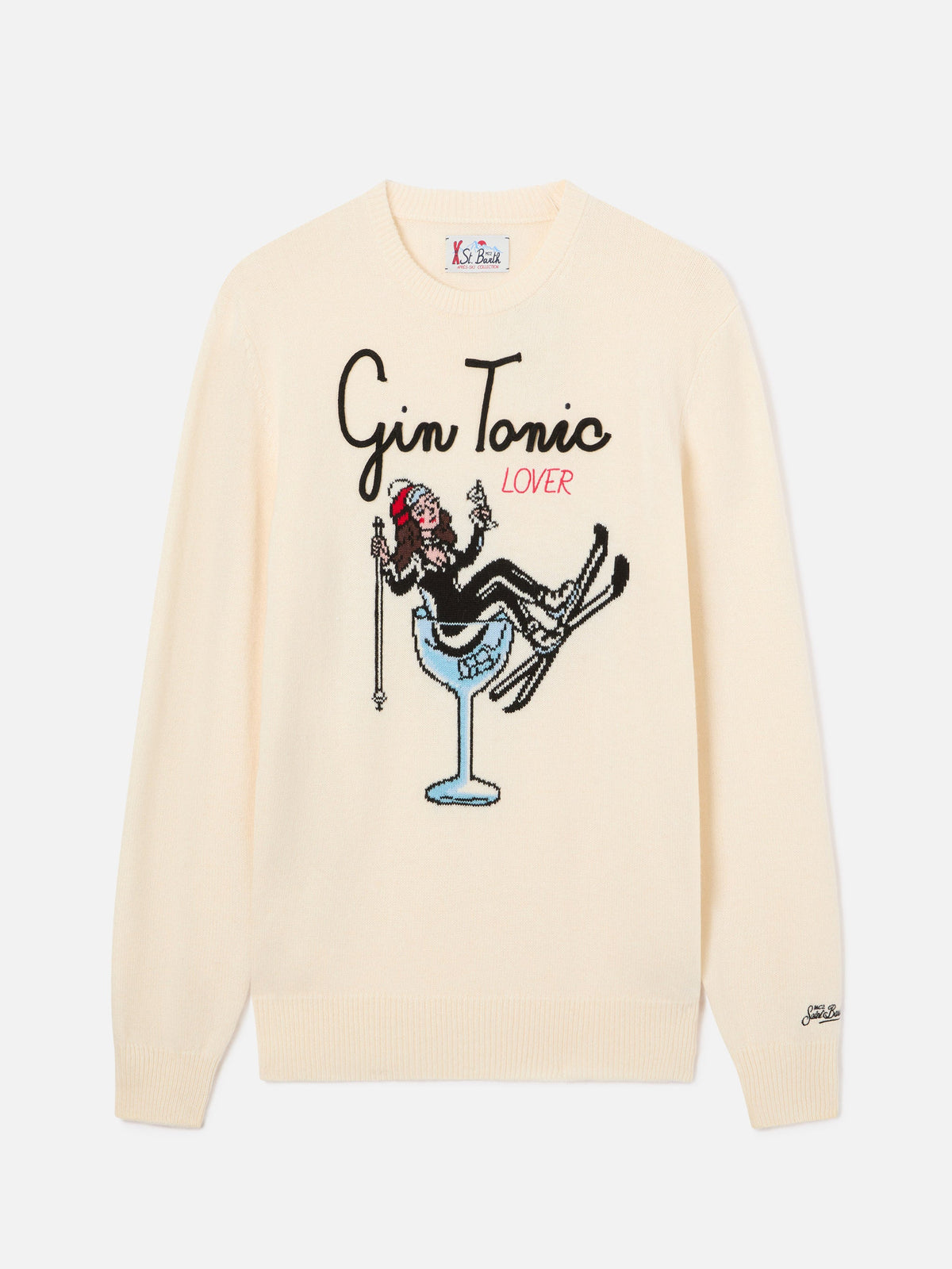 Maglia girocollo Heron off white con intarsio e ricamo Gin Tonic