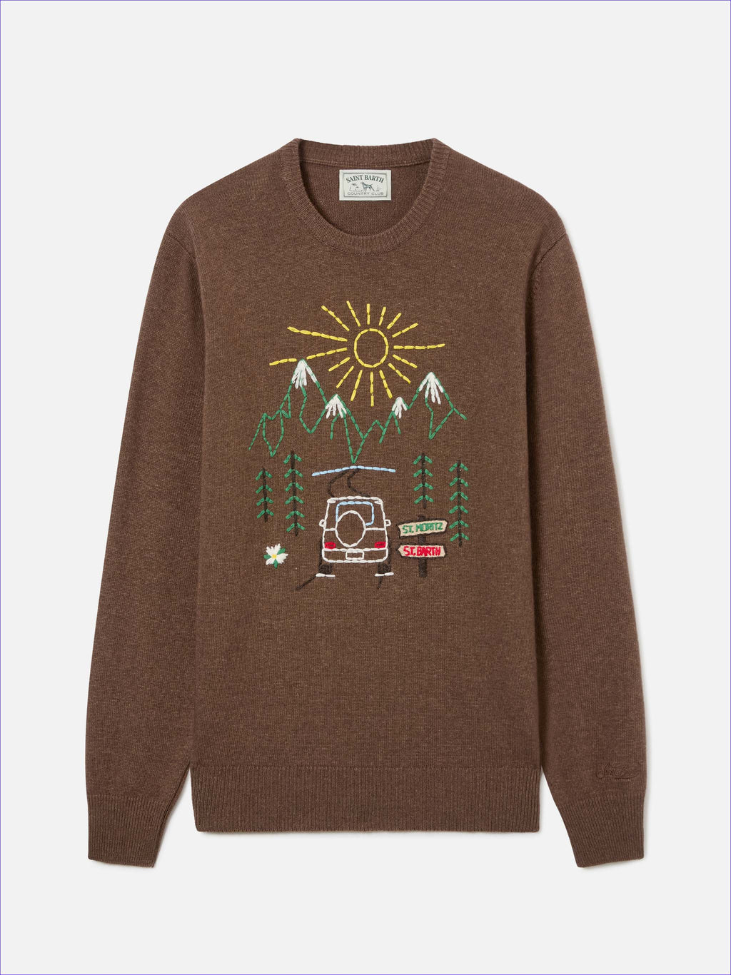 Maglia girocollo Heron marrone con ricamo St. Moritz