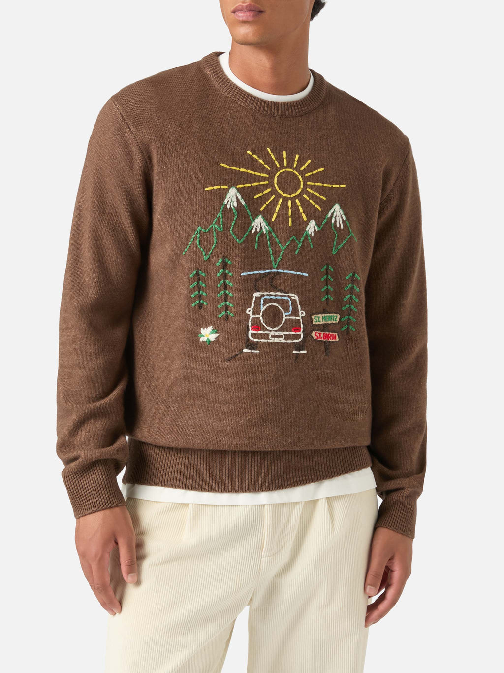 Maglia girocollo Heron marrone con ricamo St. Moritz