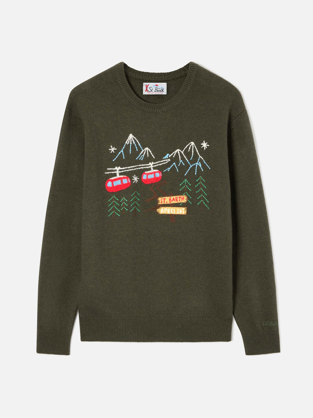 Maglia girocollo Heron verde militare con ricamo montagna