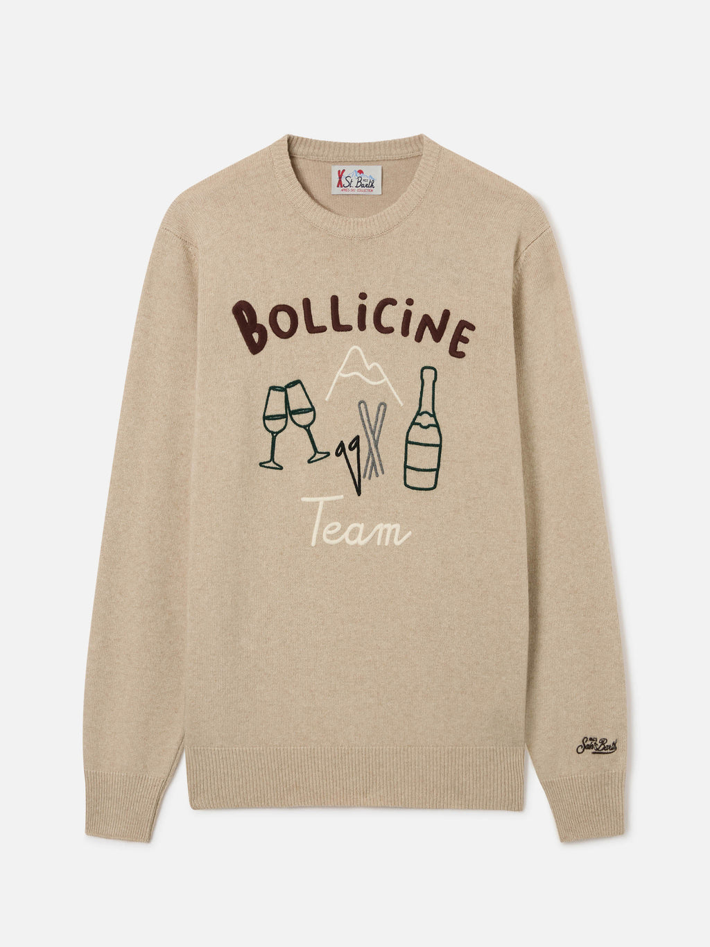 Maglia girocollo Heron beige con ricamo e intarsio Bollicine Team