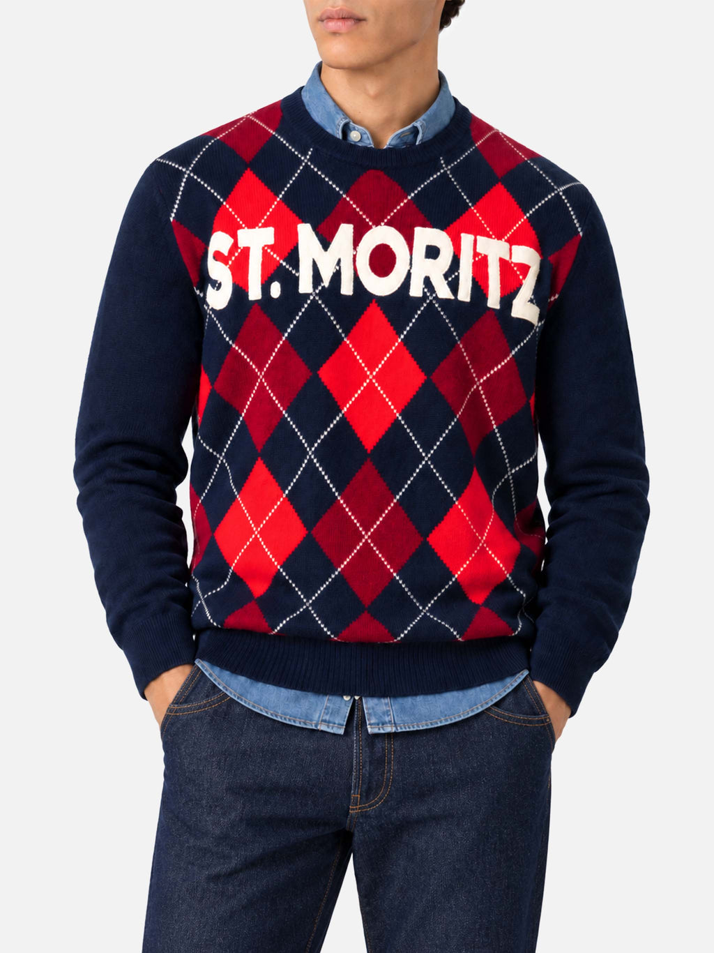Maglione Heron rosso e blu con motivo argyle e jacquard St. Moritz