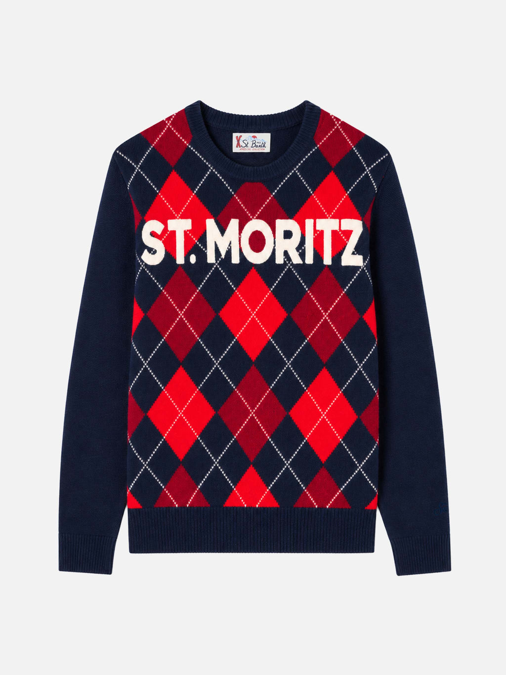 Maglione Heron rosso e blu con motivo argyle e jacquard St. Moritz