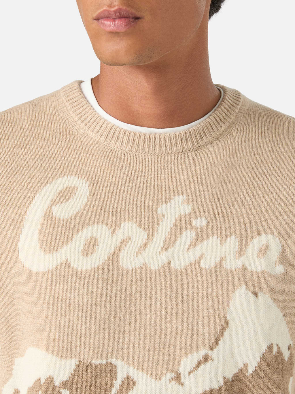 Maglia girocollo Heron beige con intarsio Cortina