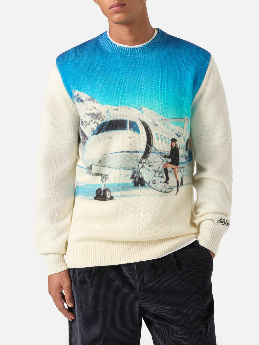 Maglia girocollo Heron grigia in misto lana e cashmere con intarsio e ricamo jet privato | Special edition