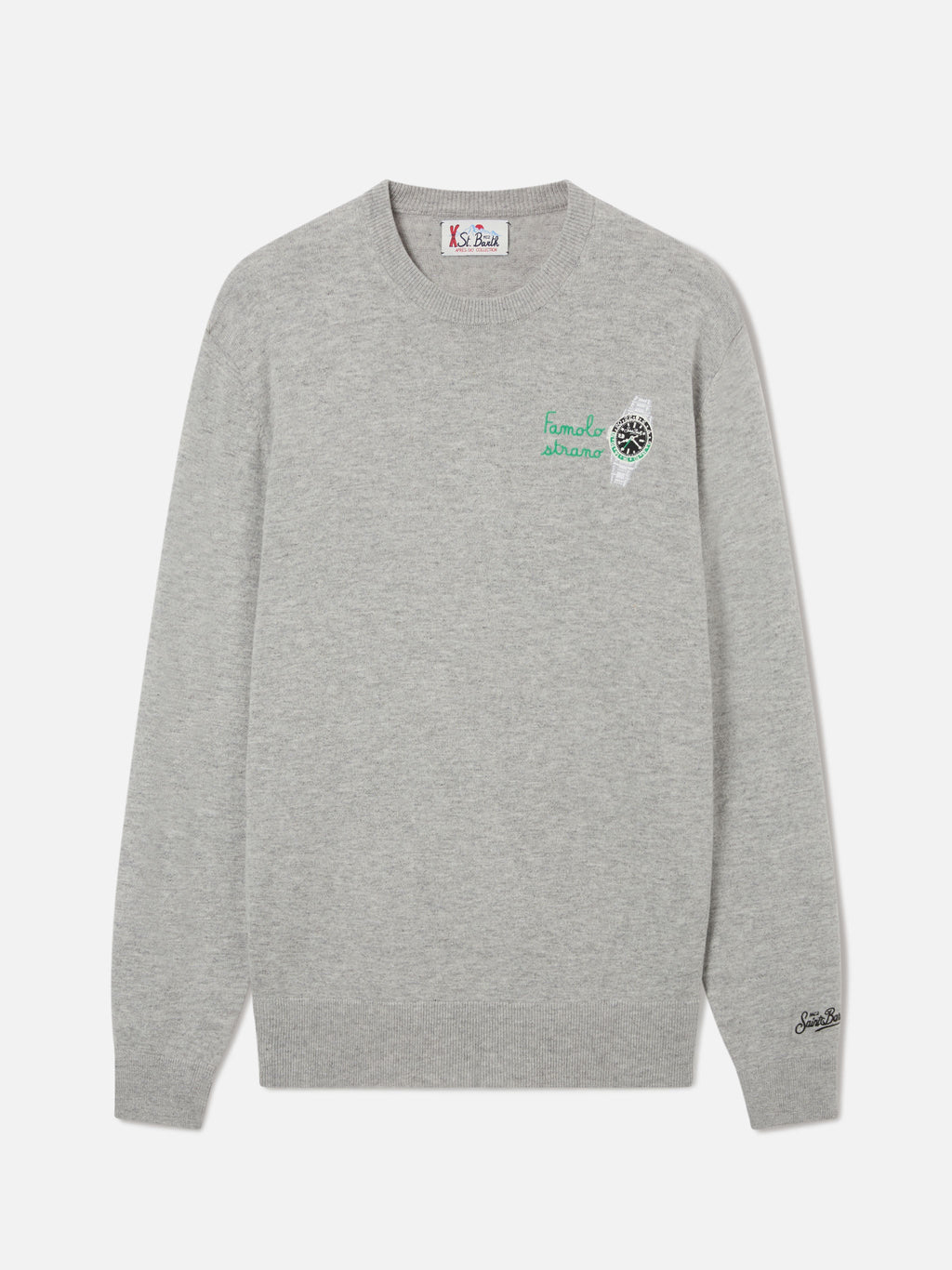 Maglia girocollo Heron Light grigia in misto lana e cashmere con ricamo Famola Strana